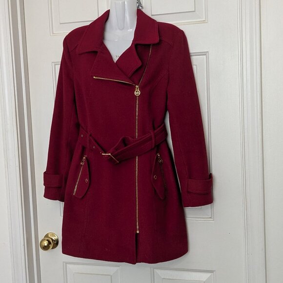 Michael Kors Women's Asymmetrical Belted Wool Blend 3/4 Coat Size PL Red - Picture 2 of 12